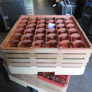 Red/Yellow 36-hole dishwasher rack for cocktail glasses, perfect for item# 260-264. Used condition, stackable design.