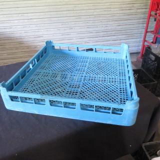Blue flatware dishwasher rack, sturdy plastic, lattice design, in good condition, ideal for commercial dishwasher use.