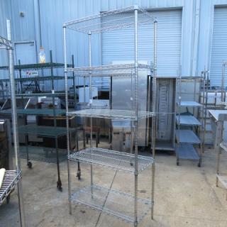 Metro shelf unit with 5 adjustable wire shelves, 36x18x87 inches, chrome finish, excellent condition, ideal for storage.