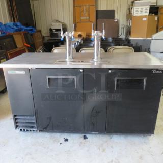 True 2 Door Keg Box with 2 Towers, 4 Taps, Model TDD-3-HC. Right door needs attachment. Measures 69x28x35.5 inches.