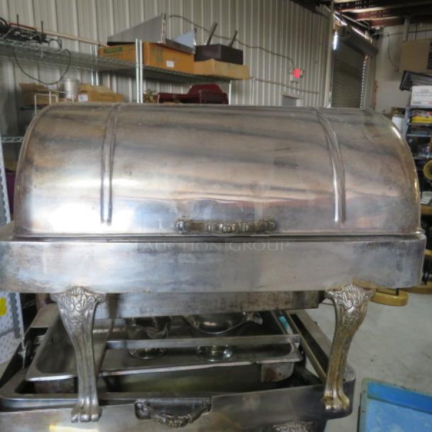 Vollrath 46399 vintage silver-plated roll top chafer, full size, ornate legs, heavy, in used condition.