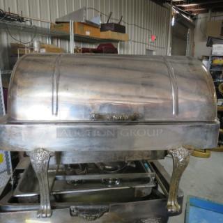 Vollrath 46399 vintage silver-plated roll top chafer, full size, ornate legs, heavy, in used condition.