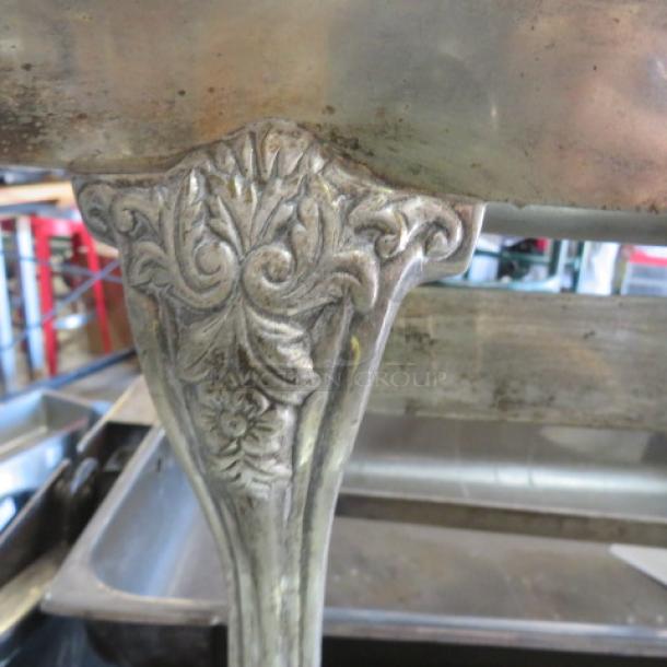 Vintage silver plate roll top chafer, ornate floral design, full size, heavy construction.