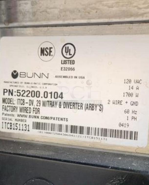 Bunn ITCB-DV, 29 model label showing specs: 120V, 14A, NSF and UL listed, with serial number and patents listed.