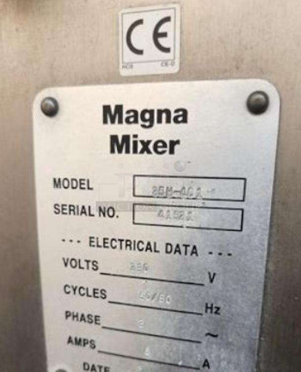 Magna Mixer 25M-ACA-1 industrial dough mixer label, showing model, serial number, and 230V electrical data.