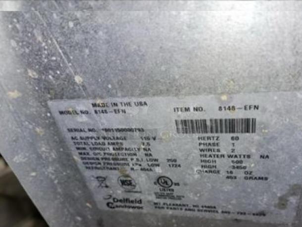 Delfield 8148-EFN label, showing model, serial number, and power specifications. Made in USA.