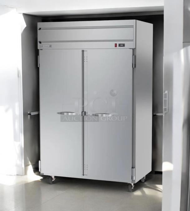 Flawless Beverage-Air HF2HC-1S two-door reach-in freezer, 115V, fully tested, silver finish, solid doors, mobile on casters.