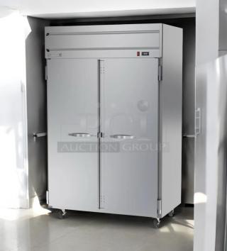 Flawless Beverage-Air HF2HC-1S two-door reach-in freezer, 115V, fully tested, silver finish, solid doors, mobile on casters.