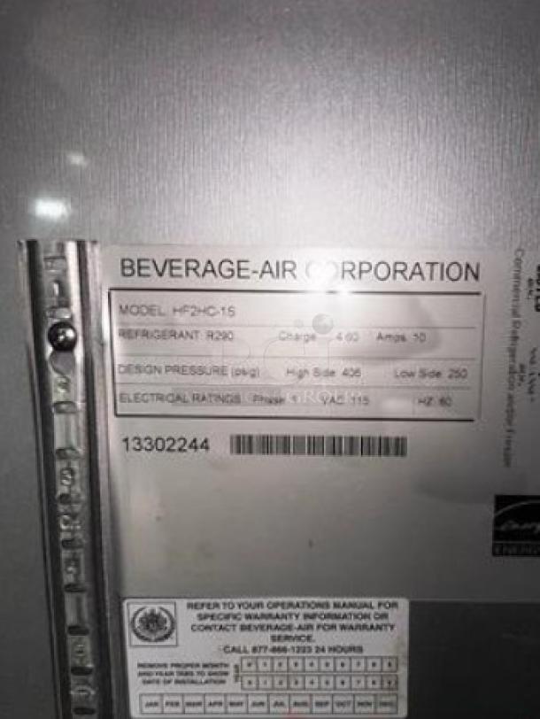 Beverage-Air HF2HC-1S freezer label, showing model and specifications. Flawless condition, fully tested & working.