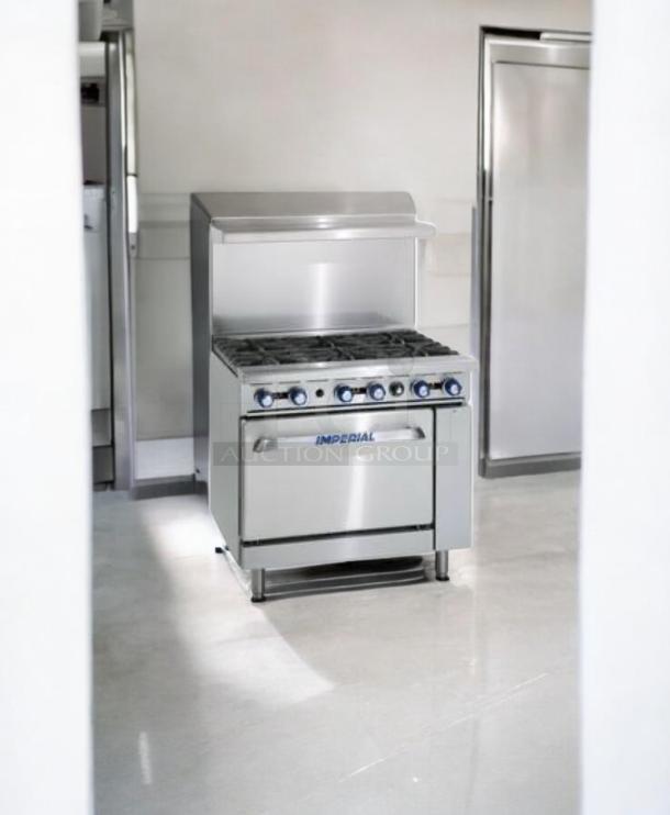 Imperial IR-6 gas range, 36" with 6 burners and standard oven, excellent condition, fully tested, natural gas, USA-made.