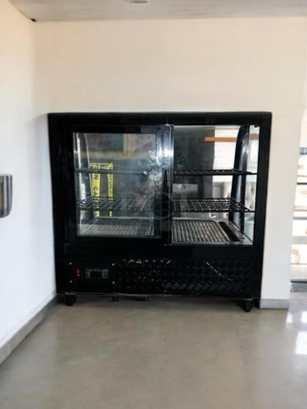 Vevor countertop display refrigerator, glass front, black, 115V. Fully tested and working. Model for merchandise display.