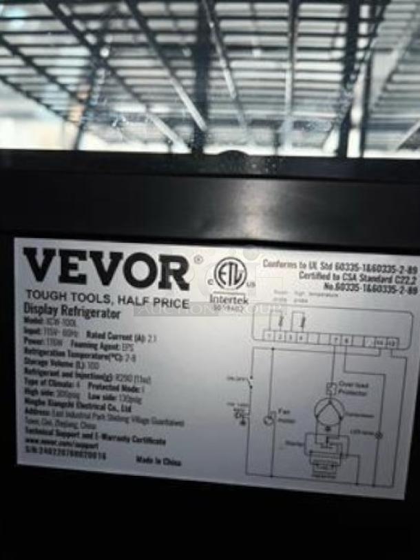 Vevor countertop display refrigerator label, features model and specification details, ETL certification, and "Made in China" note.