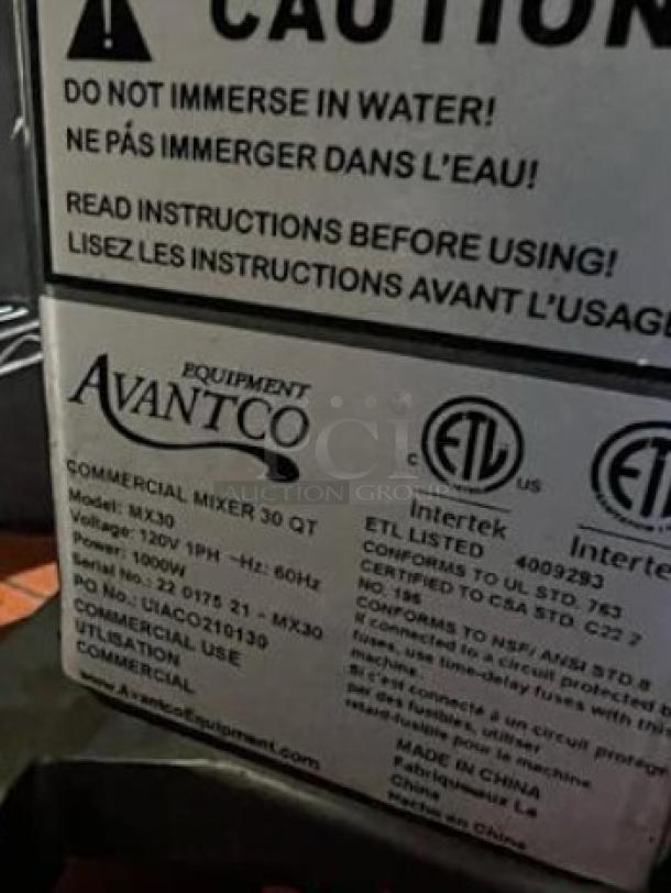 Avantco MX30 commercial mixer label, model MX30, 30 qt capacity, 120V, ETL listed, fully tested and working condition.