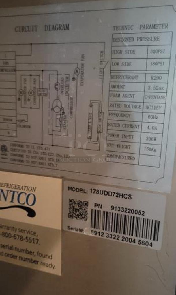 Avantco 178UDD72HCS beer dispenser label showing circuit diagram and technical specifications.