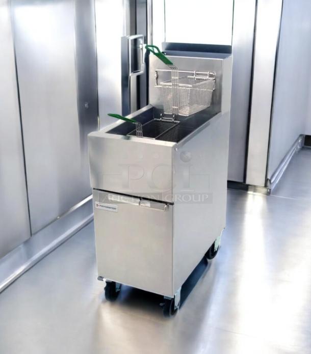 Pristine Dean SR152GN gas floor fryer, 120,000 BTU, 50 lb capacity, fully tested, stainless steel, with fryer baskets.