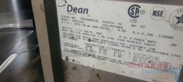 Dean SR152GN gas floor fryer label, natural gas, 120,000 BTU, 50 lb capacity, pristine condition, fully tested and working.