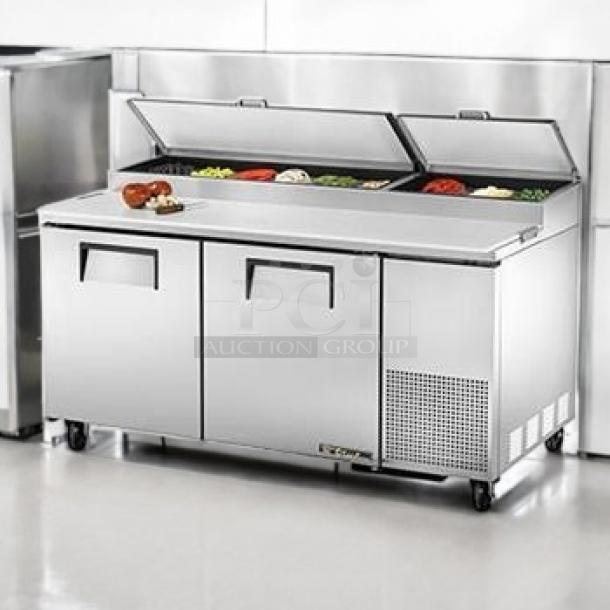 Outstanding condition True TPP-67 pizza prep table, 67", stainless steel, 2-door, 115V, fully tested, with ingredient bins.