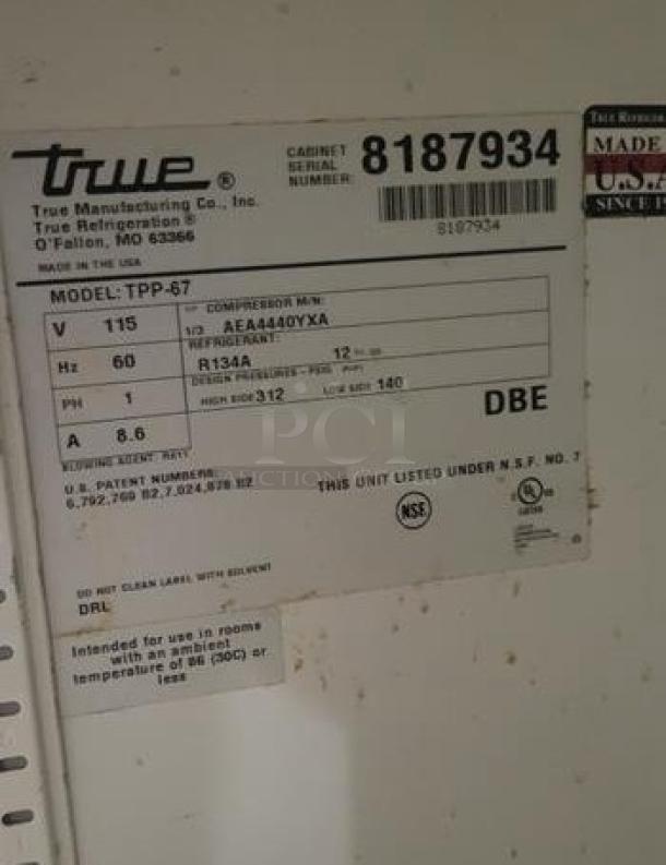 True TPP-67 67" Pizza Prep Table Refrigerator, 2-door, 115V, excellent condition, label shows model and specs, fully tested.