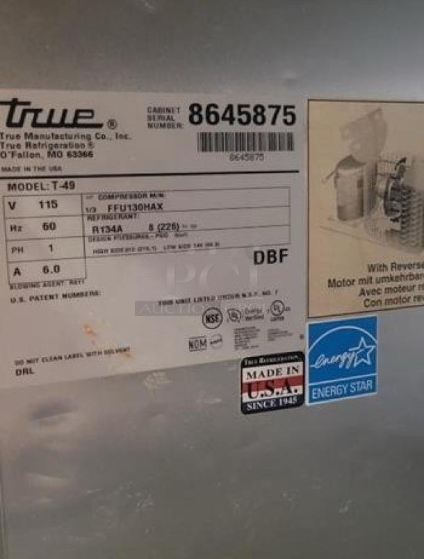 True T-49 two-door reach-in refrigerator, immaculate condition, Energy Star label, 115V, fully tested, USA made, model info visible.