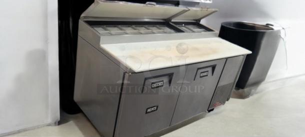 True TPP-67 pizza prep table refrigerator, 67", 2-door, stainless steel, tested, excellent condition, labeled "Cheeses" and "Meats."