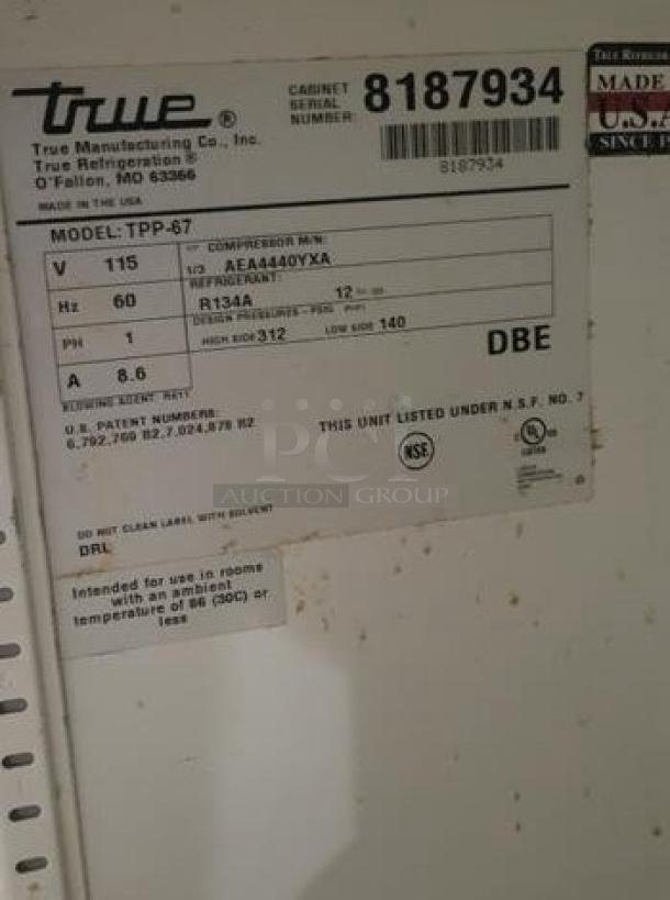 True TPP-67 Pizza Prep Table Refrigerator label showing model, specifications, and certifications, in excellent condition.