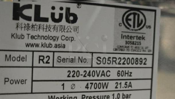 Label on Klub R2 2-Group Espresso Machine showing model, power specs (220-240VAC, 4700W), and serial number S05R2200892.