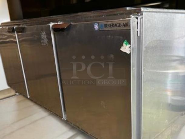 Beverage-Air UCR72AHC-104 undercounter refrigerator with three doors, stainless steel finish, excellent condition, 115V, fully tested.