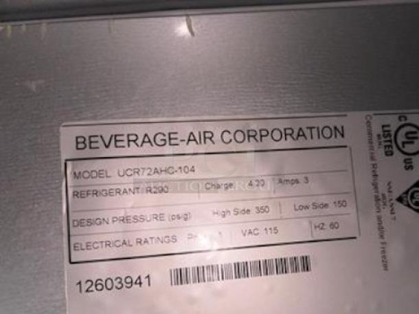 Beverage-Air UCR72AHC-104 label; 72" three-door undercounter refrigerator, R290 refrigerant, 115V, fully tested, UL listed.