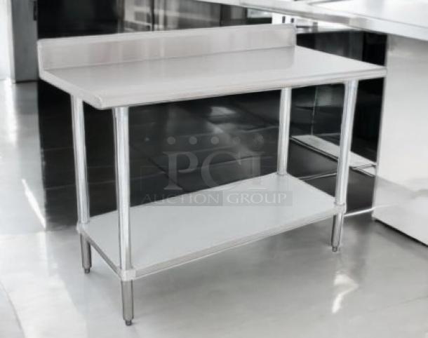 Brand new KAG-304 stainless steel work table, 30" x 48", with 5" backsplash. Economy Series, original packaging.