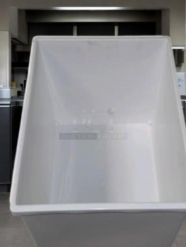Set of 3 commercial-grade rolling ingredient storage bins with clear sliding lids and scoops, in superb condition.