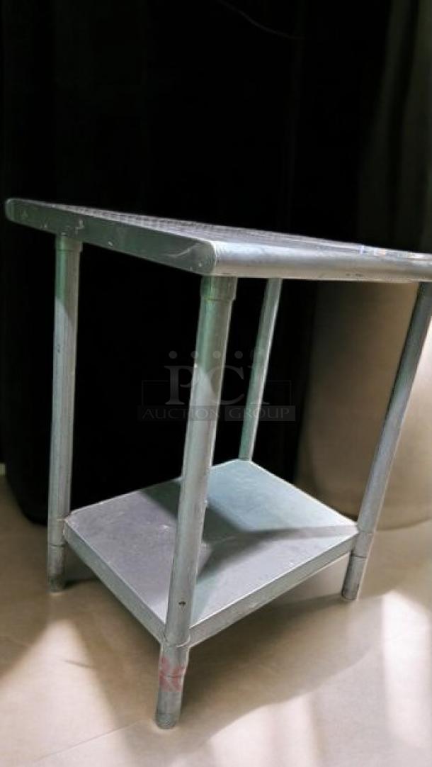 Brand new stainless steel work table with undershelf, 30" x 30", heavy-duty construction by Generic Commercial Foodservice.