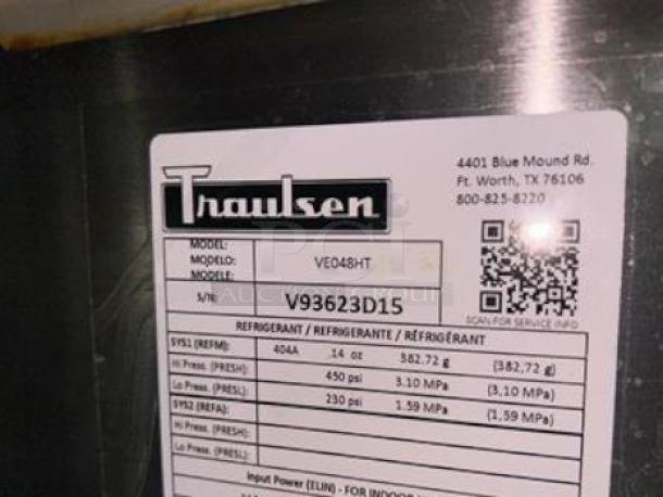Traulsen VE048HT label, model VE048HT, serial V93623D15, with refrigeration specifications.