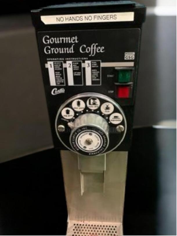 Wilbur Curtis GSG-3BLK coffee grinder, excellent condition, tested, operational, black finish, labeled controls, 120V.