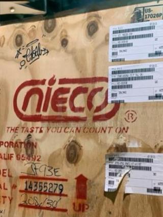 Brand new Nieco JF93E electric automatic broiler with stand, 208/230V, fully tested. Model info and labels visible on crate.