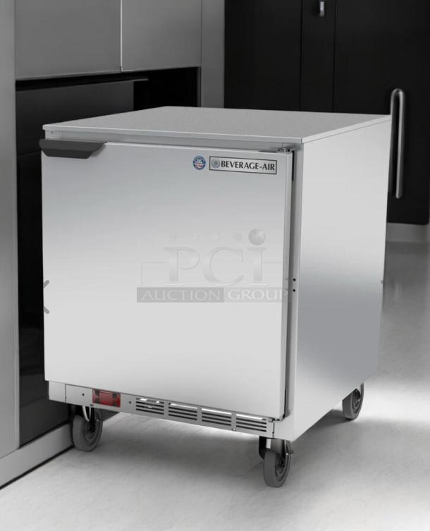 Beverage-Air UCR27AHC 27" undercounter refrigerator, outstanding condition, stainless steel, on wheels, branded label visible.
