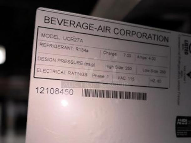 Beverage-Air UCR27AHC label, detailing model, refrigerant R134a, design pressure, and electrical ratings.