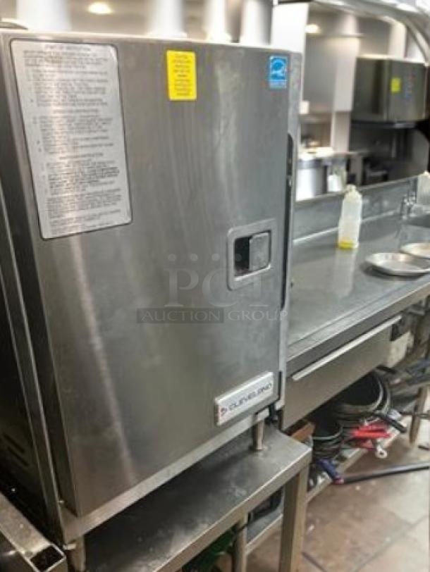 Pristine Cleveland 21CET8 electric countertop convection steamer, stainless steel, 208/240V, tested, working, instruction label visible.