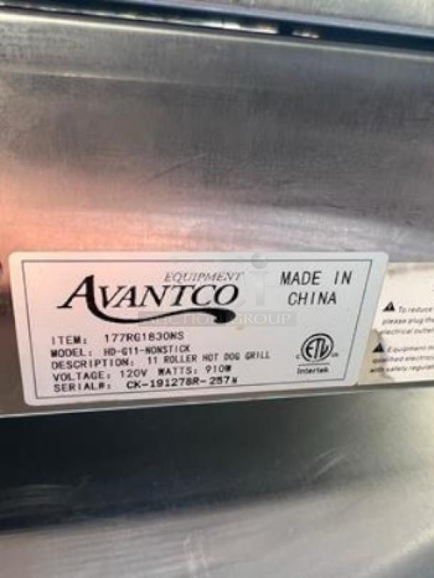 Avantco HDG-11 Hot Dog Roller Grill, 11 nonstick rollers, 30 hot dog capacity, 120V, Made in China, fully tested and working.