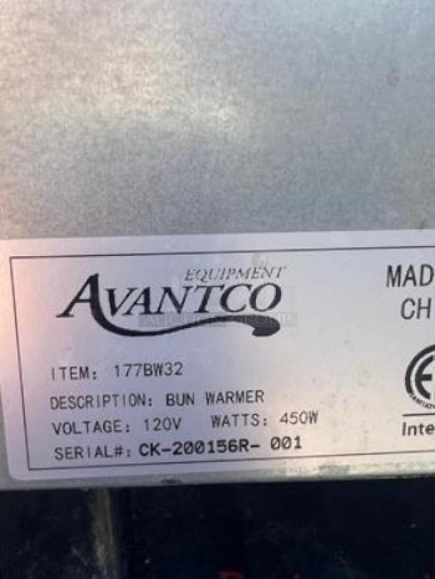 Avantco HDG-11 Hot Dog Roller Grill label; item 177BW32; 120V, 450W; serial CK-200156R-001; made in China.