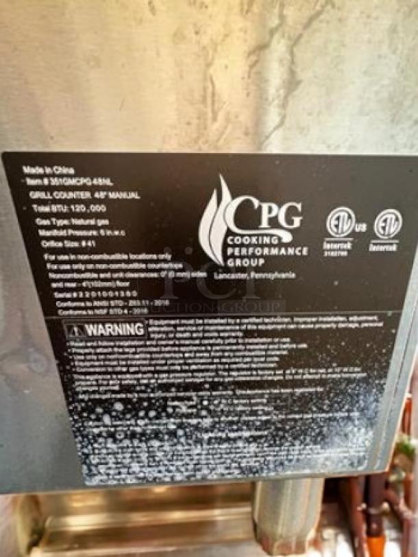CPG-48NL countertop gas griddle, 48", natural gas, manual controls, pristine condition, Cooking Performance Group label visible.