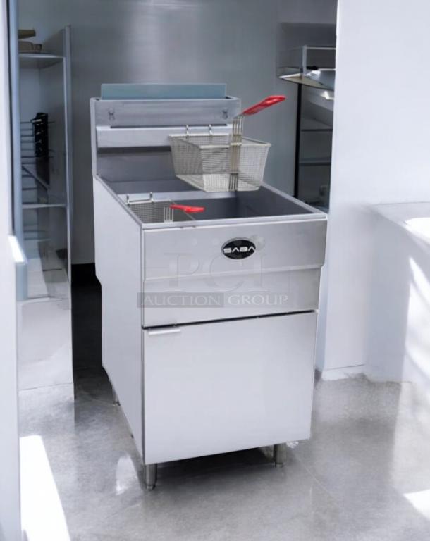 Saba 50 lb commercial gas deep fryer, natural gas, superb condition, fully tested, NSF/ANSI certified, sleek stainless steel.