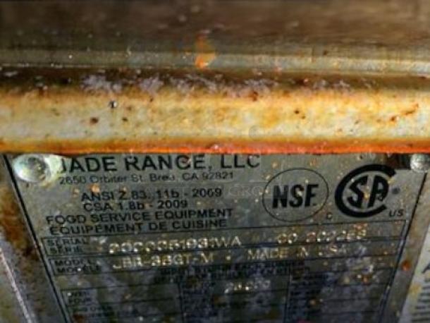 Jade Range 36" Gas Griddle with Oven Base plate, shows make, model, NSF and CSA certification marks.