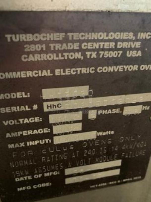 TurboChef High h Conveyor Electric Oven label, model HhC. Details include voltage: 240V, manufacturer: Carrollton, TX, USA.