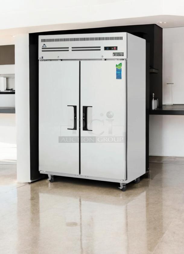 Everest ESR2 49" reach-in refrigerator, immaculate condition, dual solid doors, top-mounted compressor, fully tested.