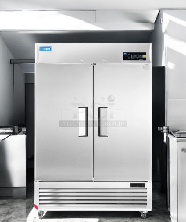 Pristine Icecasa TSS-54F-HC 54" double door reach-in freezer, fully tested, 115V. Silver stainless steel with digital display.