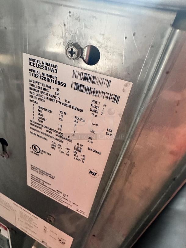 Ice-O-Matic ICEU220HA3 ice machine label, showing model, serial number, 115V specs, NSF and UL listings.