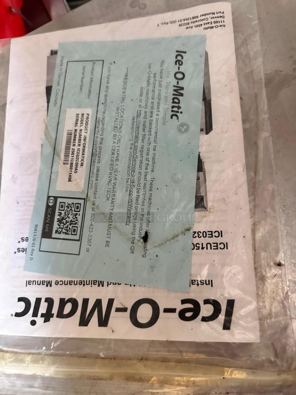 Ice-O-Matic ICEU220HA3 undercounter air-cooled ice machine manual and label, showing model and serial number details.