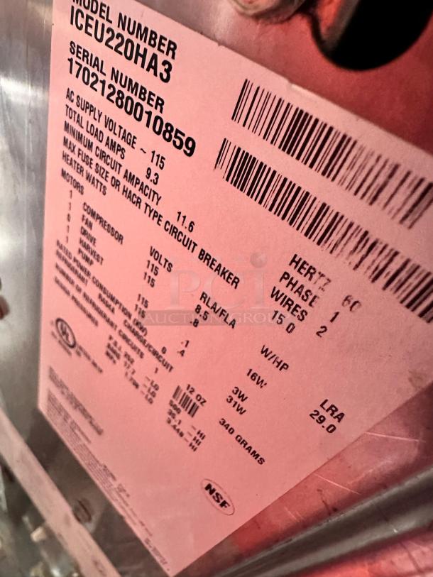 Ice-O-Matic ICEU220HA3 label showing model number, serial number, 115V specs, and NSF certification.