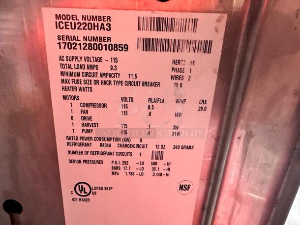 ICEU220HA3 Ice-O-Matic label displaying model, serial number, voltage, amps, and NSF certification.