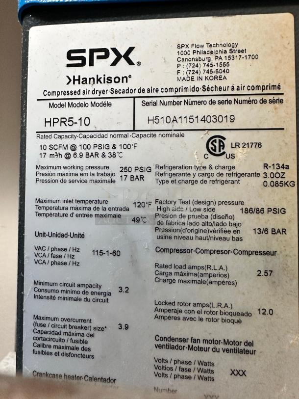 SPX Hankison HPR5-10 compressed air dryer label. 115V, R-134a refrigerant, fully tested and working. Made in Korea.